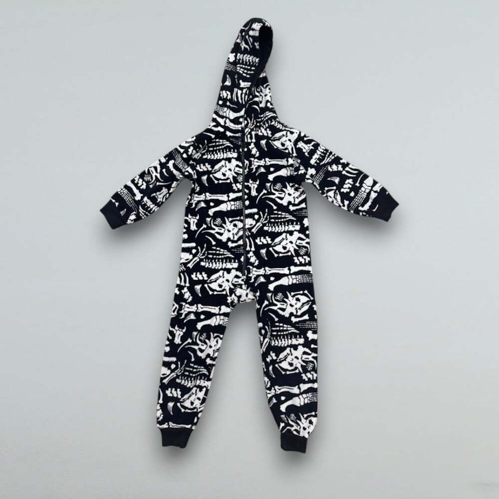 Dinosaur Skeleton Fossil Fleece Hooded Sleeper Pajamas Boys Size XS 4